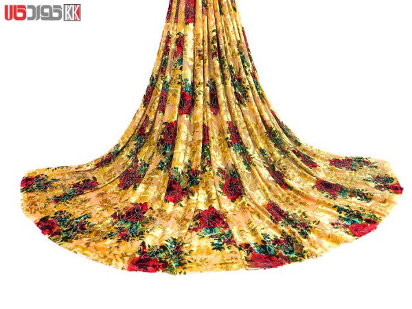 پارچه لباس زنانه مخمل کشی سنگ دار زرد 2.5 متری