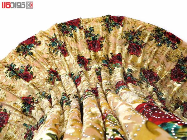 پارچه لباس زنانه مخمل کشی سنگ دار زرد 2.5 متری
