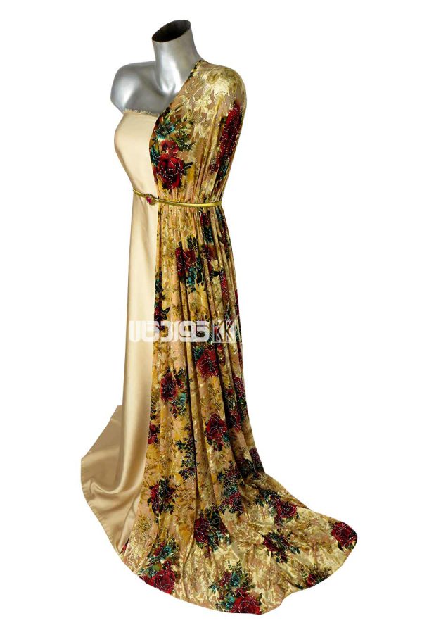 پارچه لباس زنانه مخمل کشی سنگ دار زرد 2.5 متری