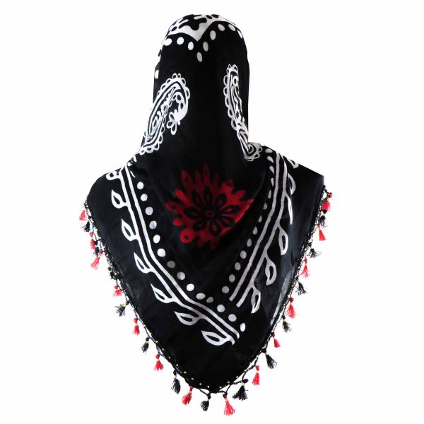 روسری منگوله دار سنتی کردستان مشکی- قرمز 1.5 متری