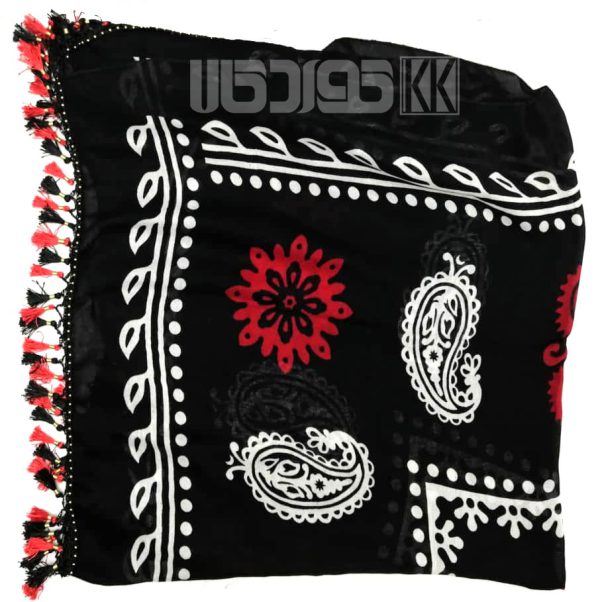 روسری منگوله دار سنتی کردستان مشکی- قرمز 1.5 متری