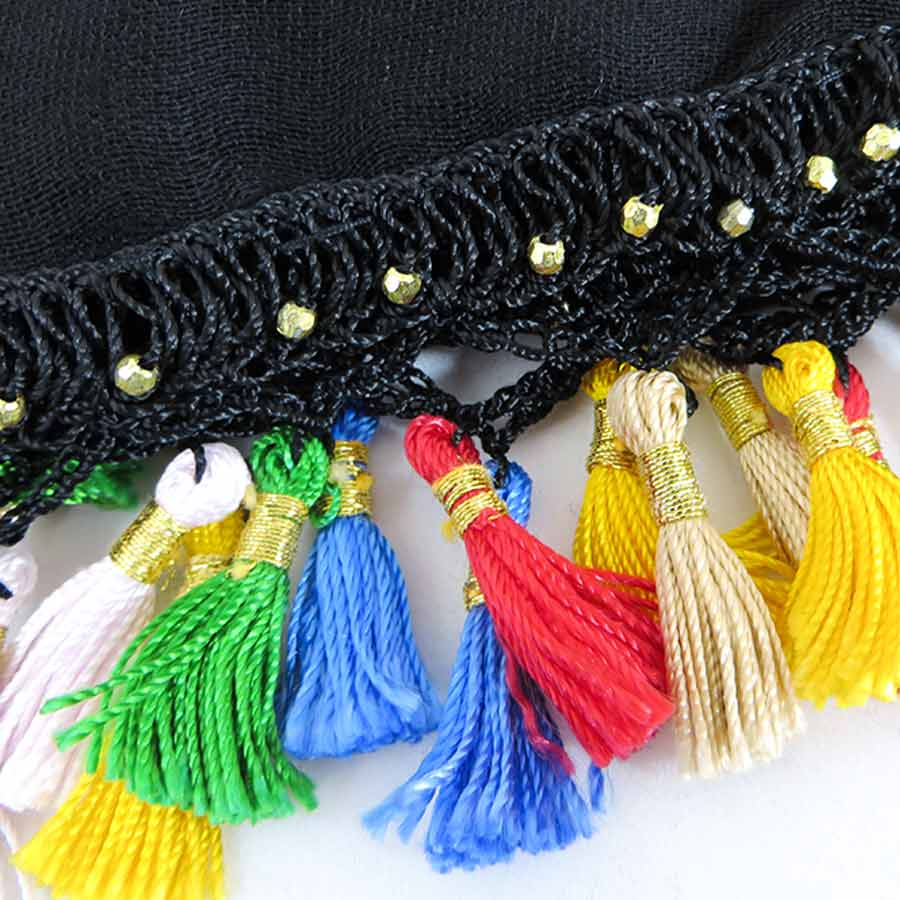 روسری سنتی منگوله دار کردستان مشکی- نارنجی 1.5 متری