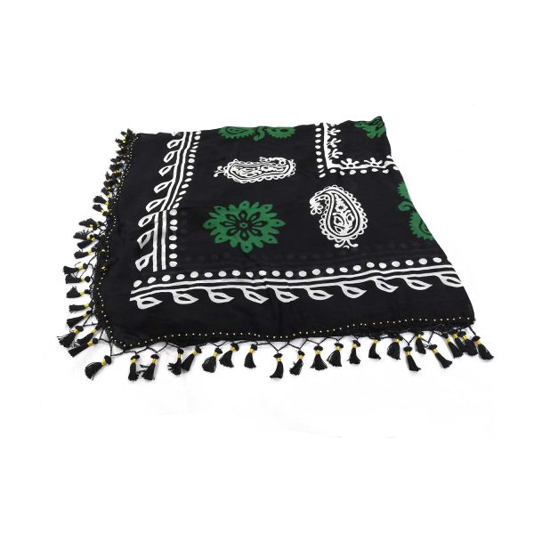 روسری کردی منگوله دار نخی مشکی- سبز 1.5 متری