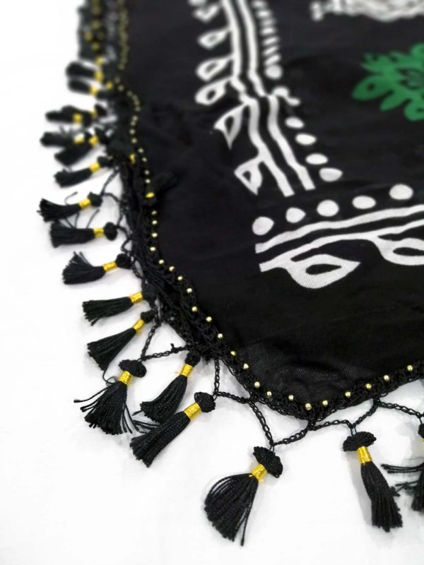روسری کردی منگوله دار نخی مشکی- سبز 1.5 متری