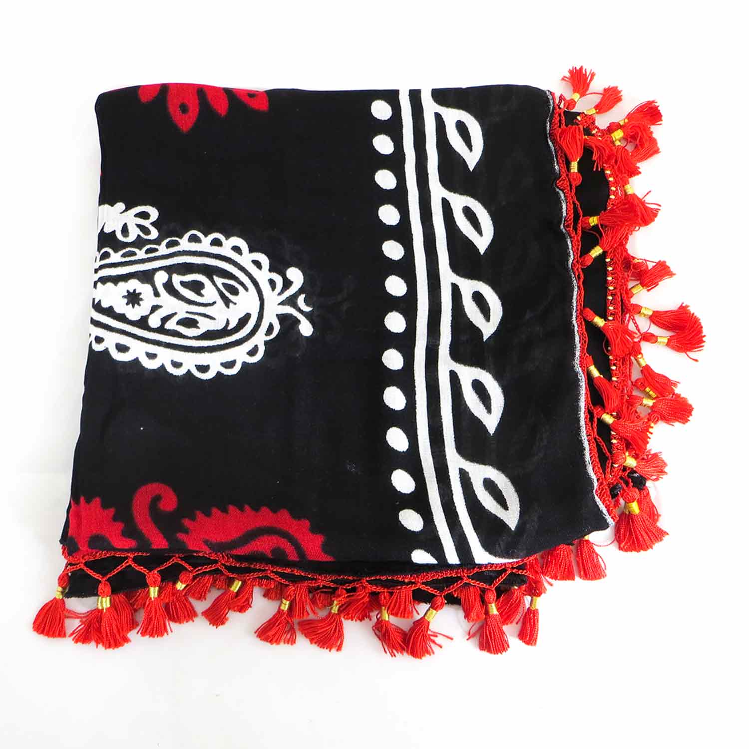 روسری سنتی کردستان رنگ قرمز منگوله ی قرمز 1.5 متری روسری سنتی کردستان رنگ قرمز منگوله ی قرمز 1.5 متری