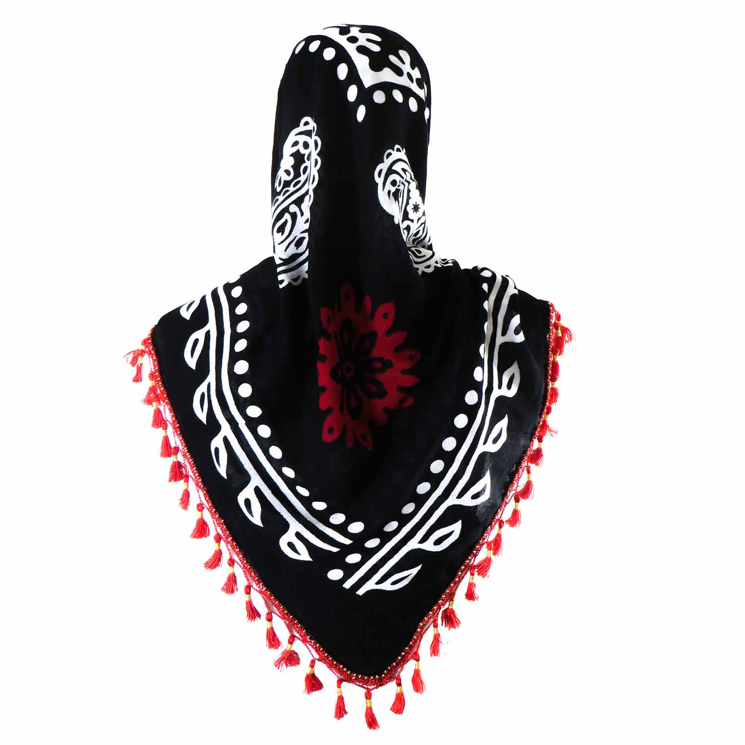 روسری سنتی کردستان رنگ قرمز منگوله ی قرمز 1.5 متری روسری سنتی کردستان رنگ قرمز منگوله ی قرمز 1.5 متری