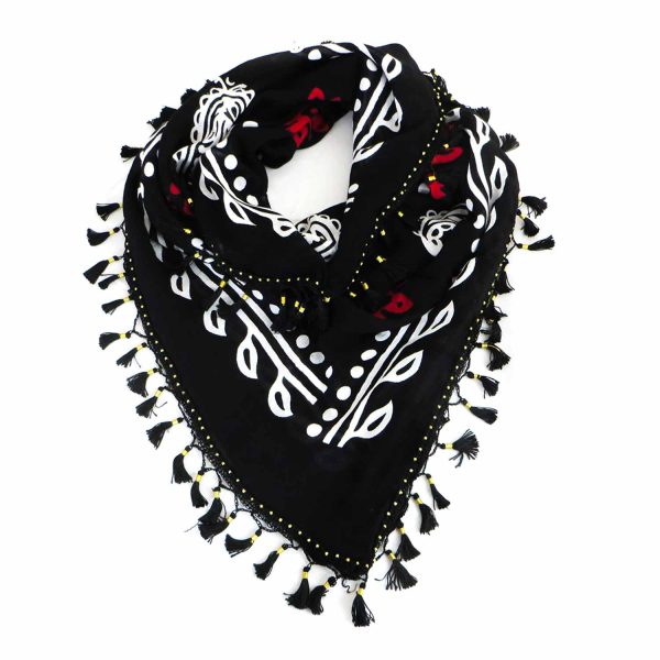 روسری سنتی کردستان نخی گل قرمز منگوله ی مشکی 1.5 متری