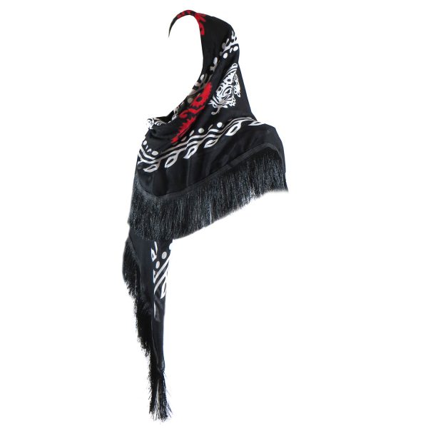روسری نخی کردستان گل قرمز ریشه دار مشکی 1.5 متری