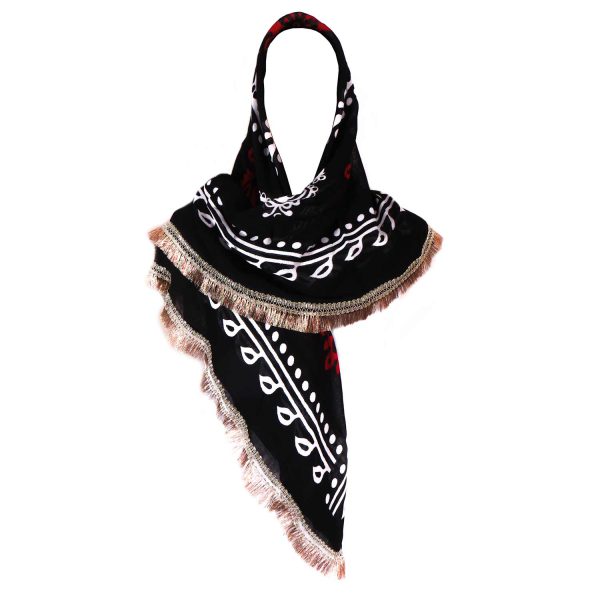 روسری ریشه دار کردی نخی مشکی - طلایی 1.5 متری