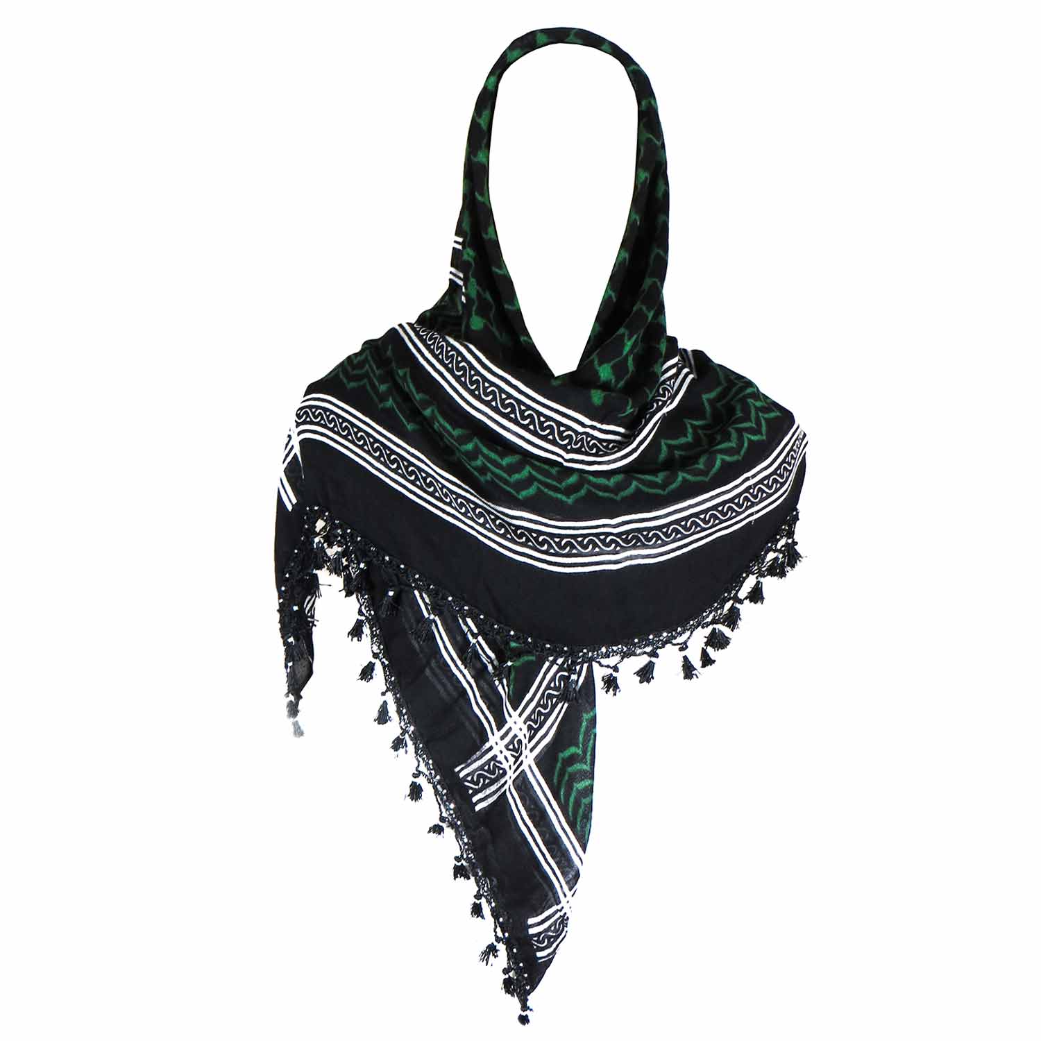 روسری سنتی رنگ سبز منگوله ی مشکی 1.5 متری روسری سنتی رنگ سبز منگوله ی مشکی 1.5 متری