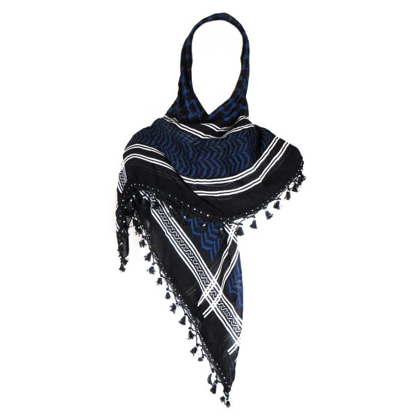 روسری سنتی رنگ آبی منگوله ی مشکی 1.5 متری
