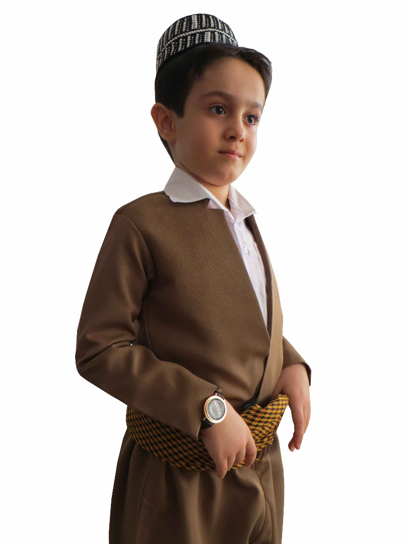 لباس کردی پسرانه با شال کمر مدل نچیری قهوه ای سایز 75 ست کامل لباس کردی پسرانه